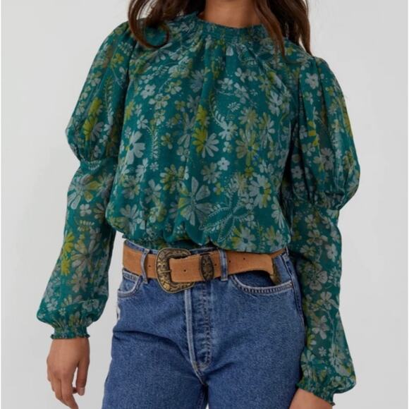 Free People Tops - Free People NWT Sea Combo Clarissa Floral Print High Neck Smocked Blouse XS